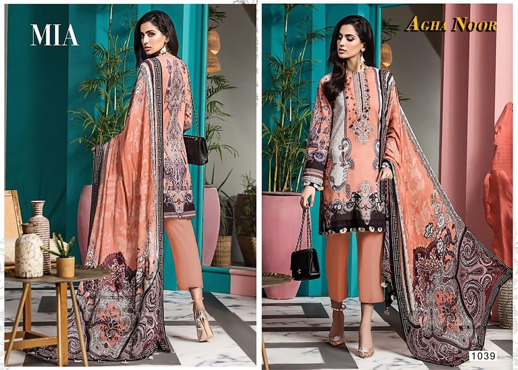 Agha Noor 3 Latest Fancy Festive Wear lawn cotton Top And Bottom With Mal Mal Printed Dupatta Karachi Dress Materials Collection