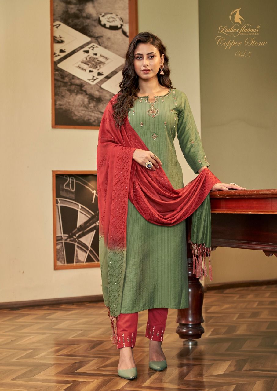 Ladies Flavour Copper Stone 5 Exclusive Designer Viscose With Embroidery With Khatli Work Readymade Collection
