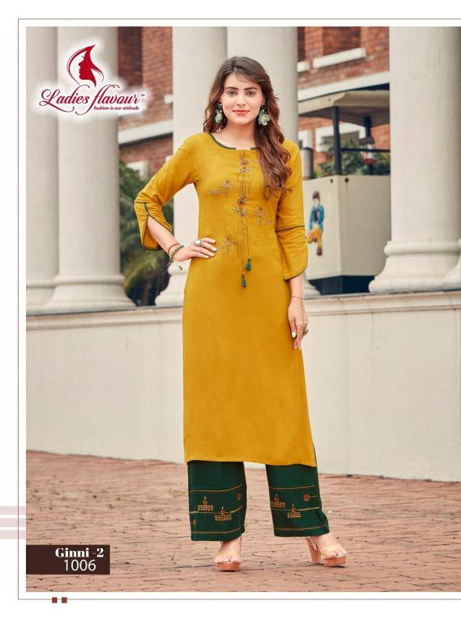 Ladies Flavour Ginni 3 Latest Designer Party Wear Embroidery Worked Rayon Kurti With Plazzo Collection
