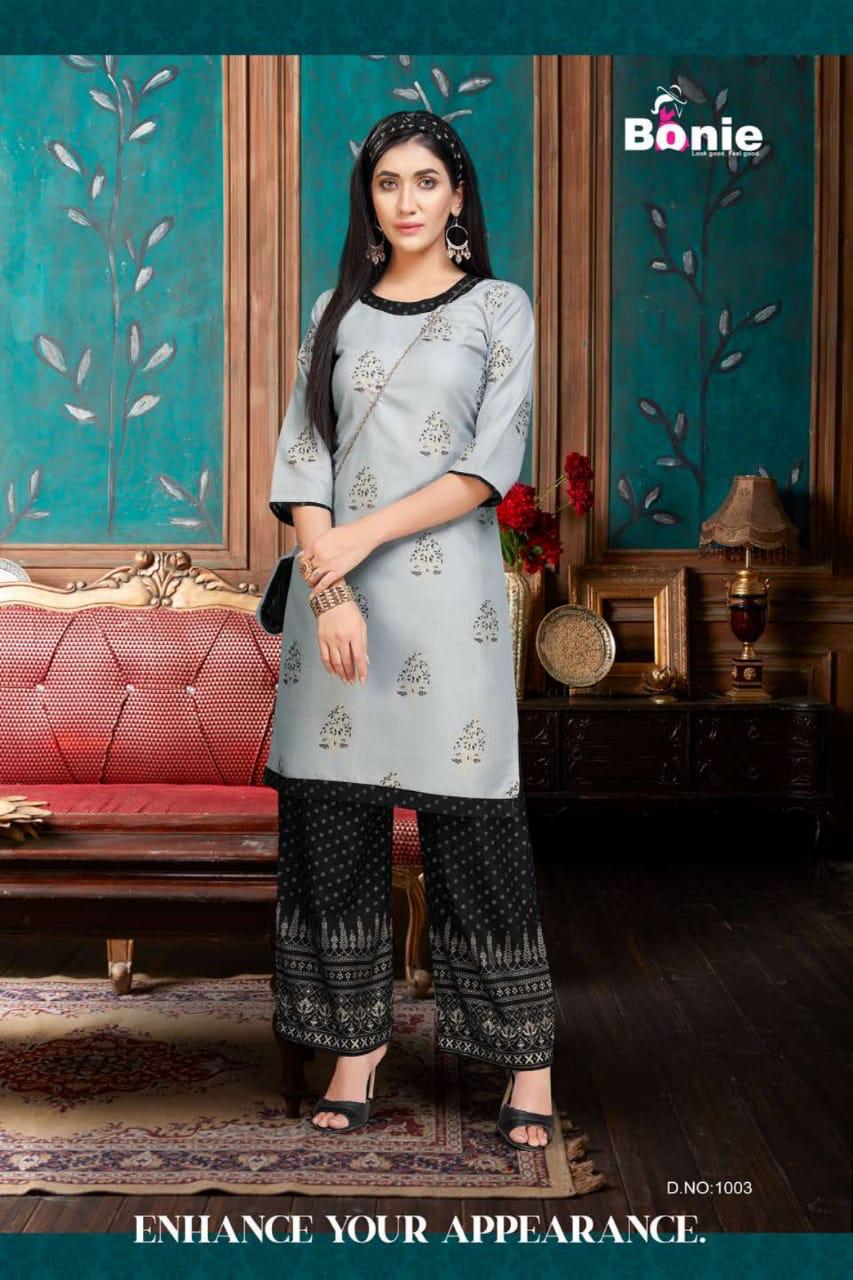 Bonie Plazo Lady Latest Fancy Regular Wear Rayon Printed Kurtis With Bottom Collection