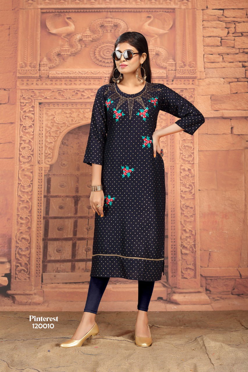 Pinterest Rayon Gold Buti with Embroider Designer Long Kurti Collection