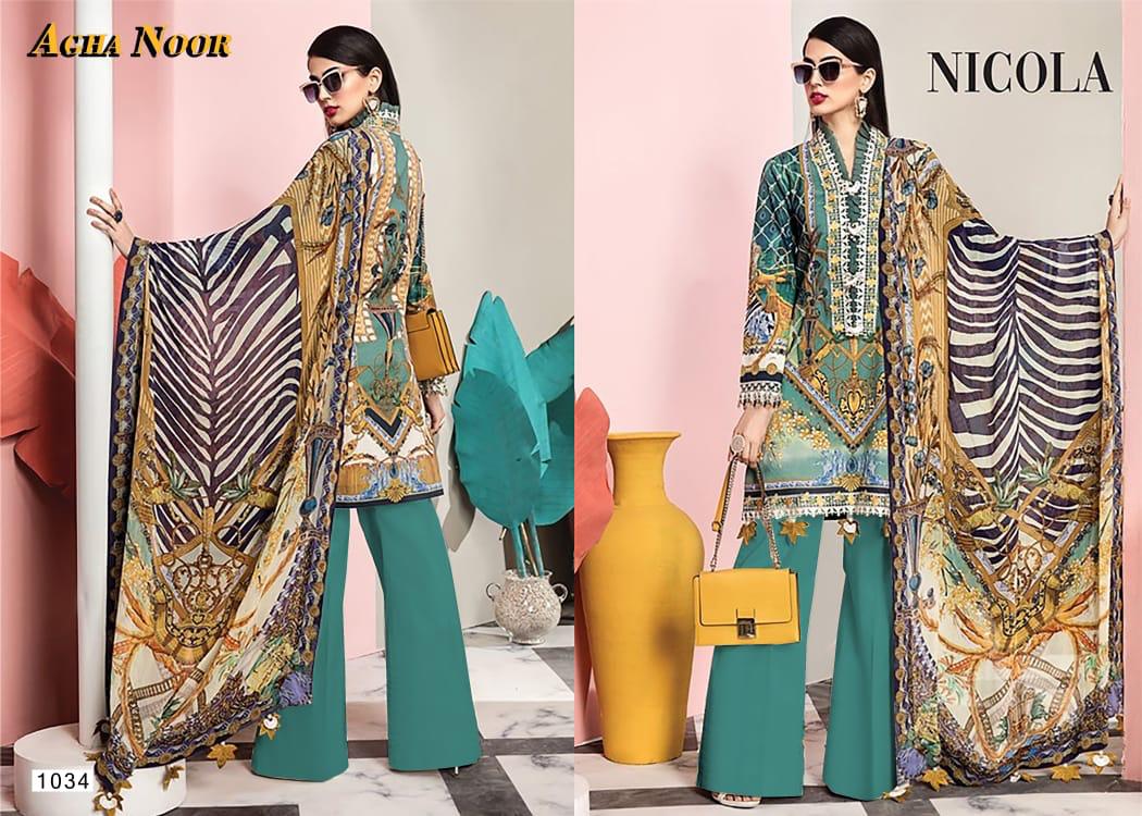 Agha Noor 3 Latest Fancy Festive Wear lawn cotton Top And Bottom With Mal Mal Printed Dupatta Karachi Dress Materials Collection