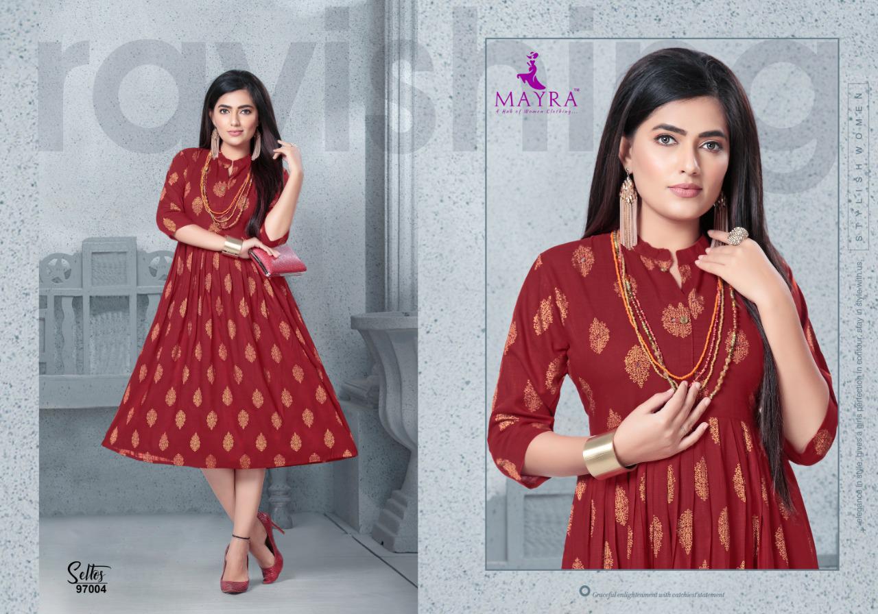 Mayra Seltos Rayon Printed Designer Party Wear and Regular Wear Kurtis Collection