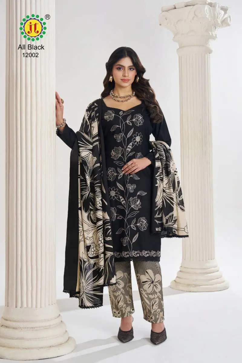 Jt All Black Vol 12 Rayon Embroidered Dress Material Wholesale In India