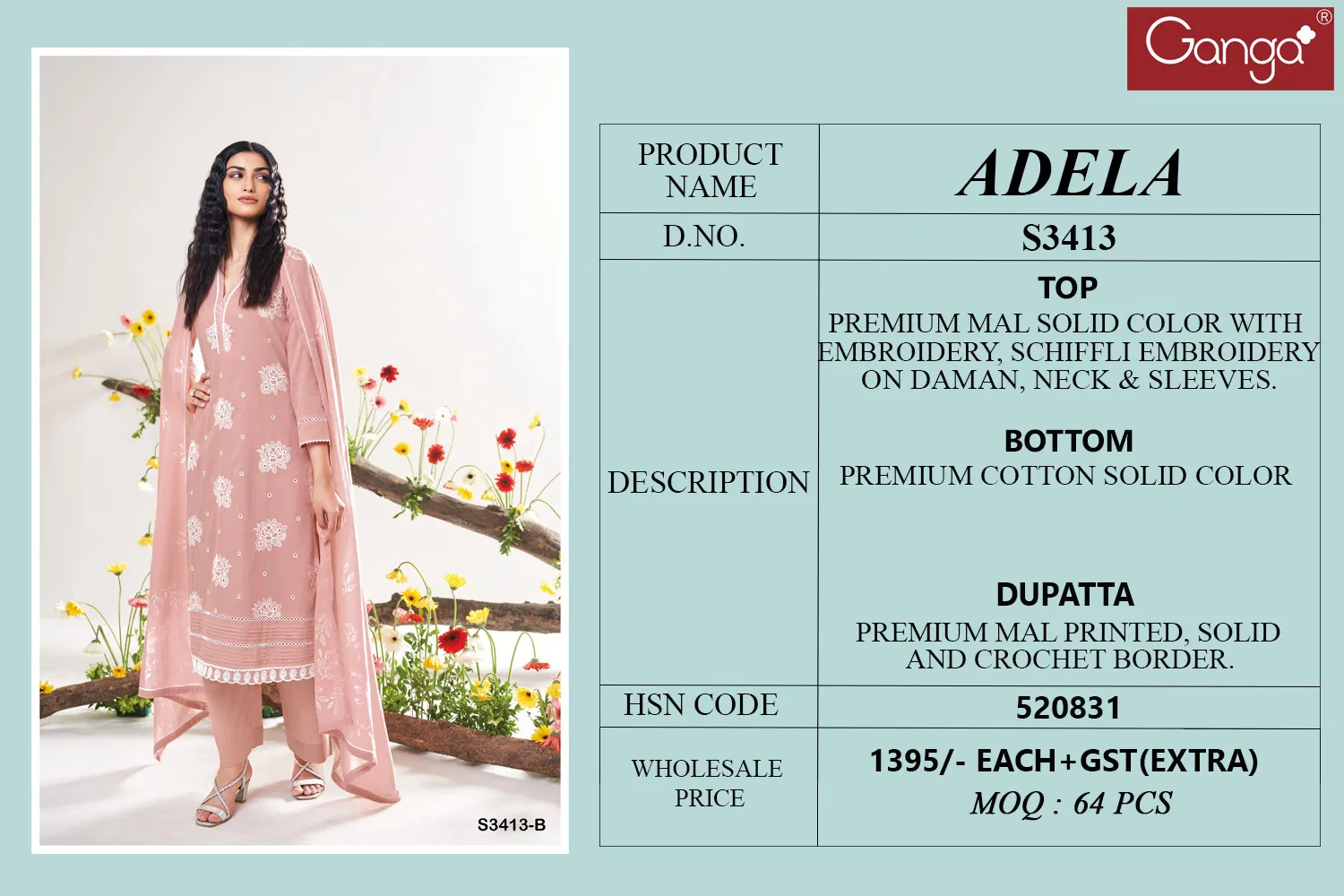 Adela 3413 By Ganga Premium Mal Embroidery Online Salwar Suit Wholesale
