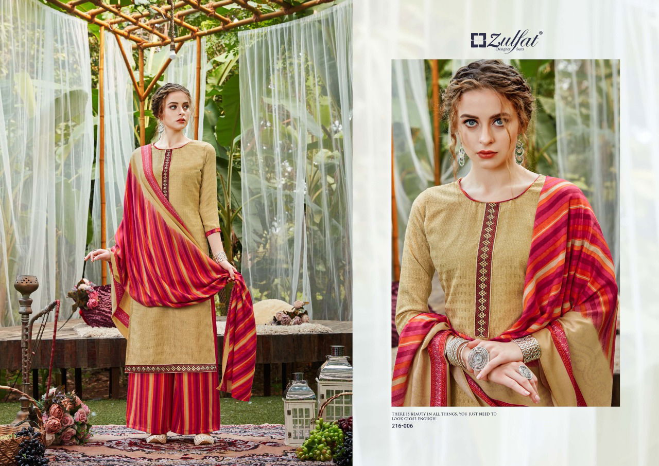 Zulfat Designer Patiala Beats Pashmina Print with Premium Elegantly Stitched Kashmiri Tie and Lace Pkazzo Suit Collection