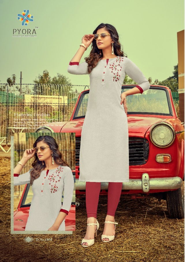 Pyora Mulberry 1 Latest Collection Fancy Ethnic Wear Slub cotton Designer Embroidery Work Butta Kurtis
