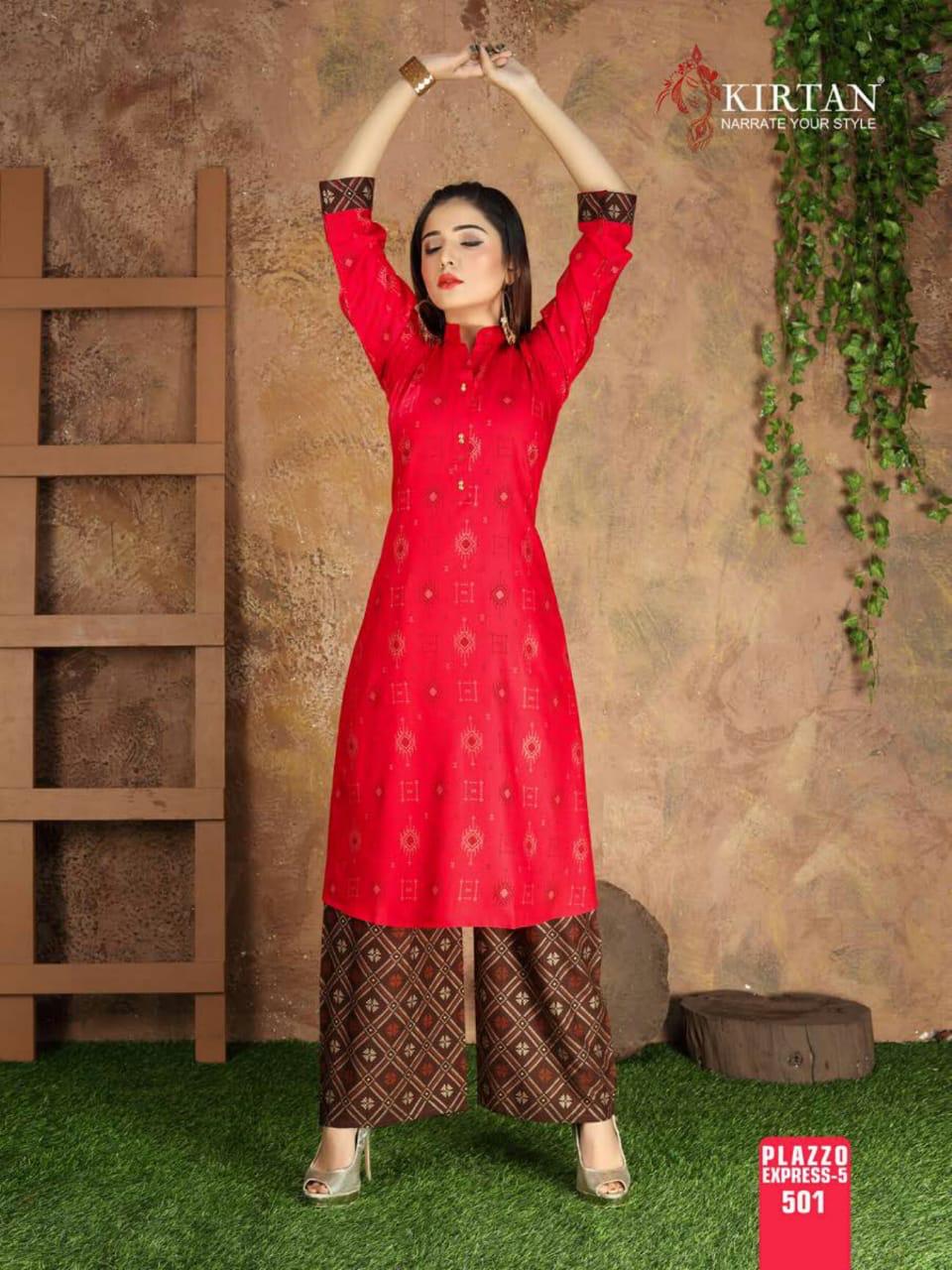 Kirtan Plazzo Express Fancy Designer Regular Wear Rayon Printed Kurti With Bottom Collection

