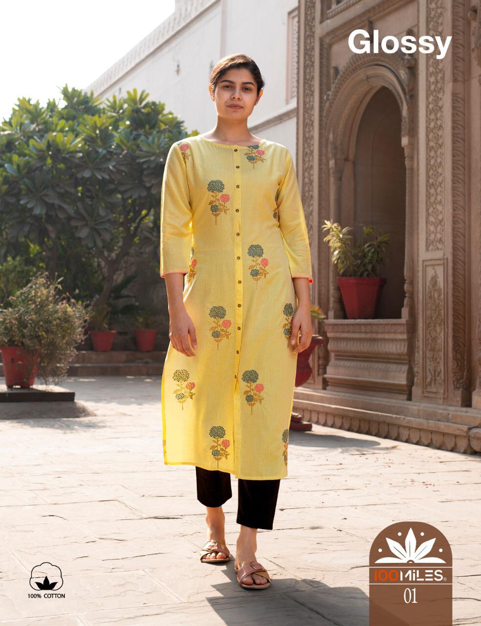 100MILES GLOSSY Jam Cotton Designer Embroidered Party Wear Kurtis Collectons