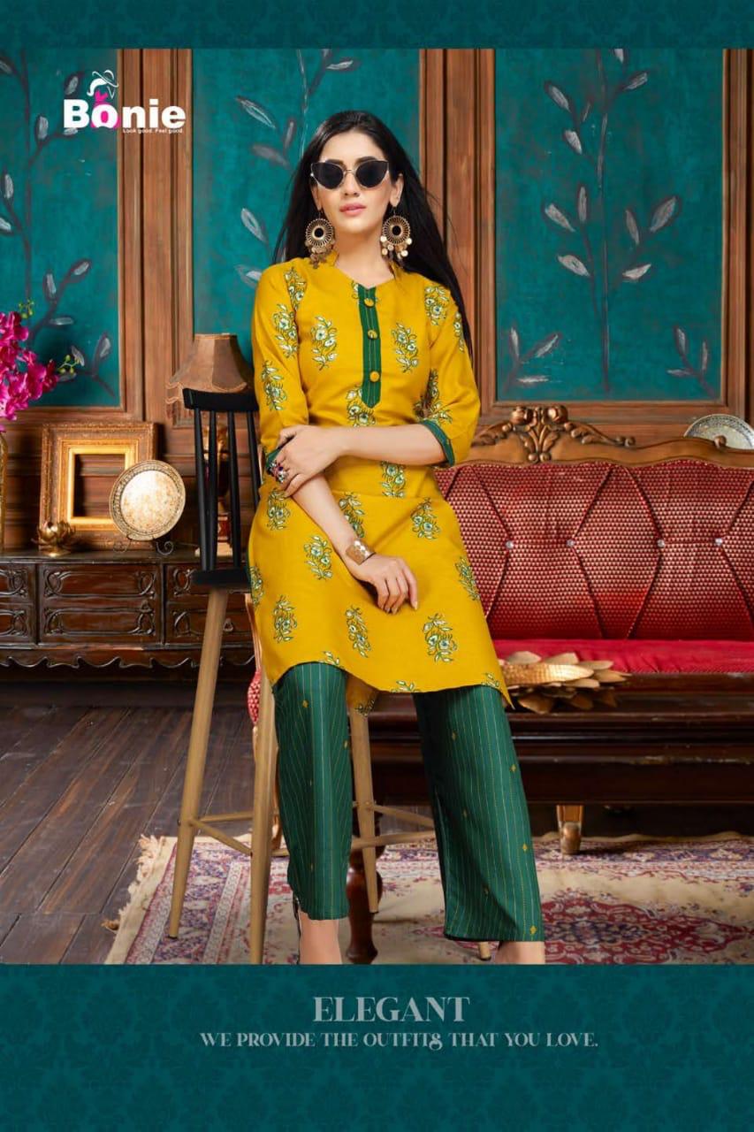 Bonie Plazo Lady Latest Fancy Regular Wear Rayon Printed Kurtis With Bottom Collection
