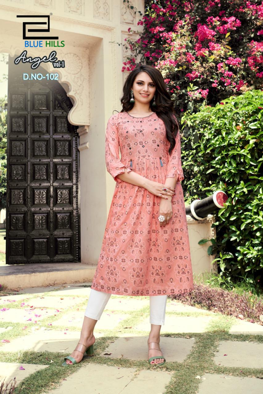 Blue Hills Angel 1 Latest Fancy Designer Ethnic Wear Rayon Printed Kurti Collection
