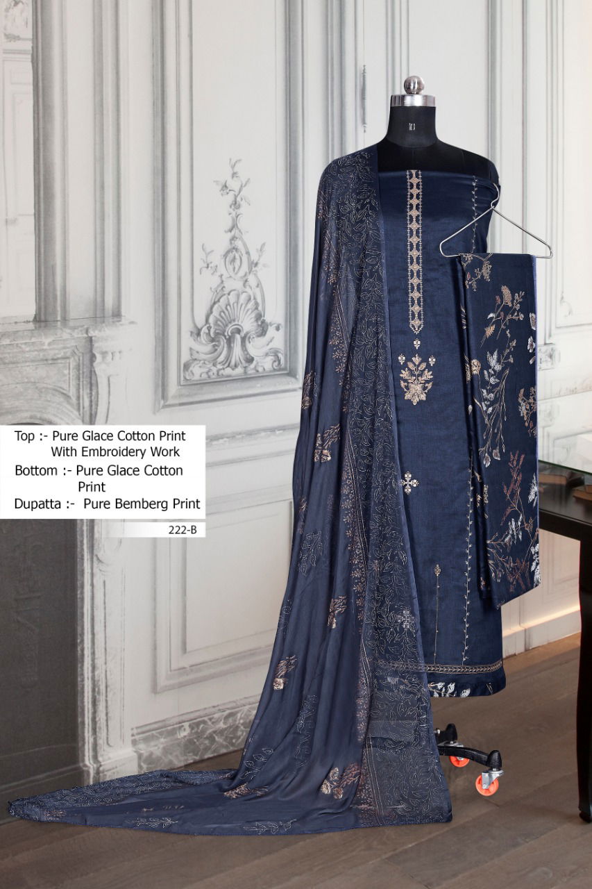 BIPSON 222 COLOURS Exclusive Designer Cotton Glace Print with Embroidery work Top With Chiffon Print Dupatta Dress Material Collection