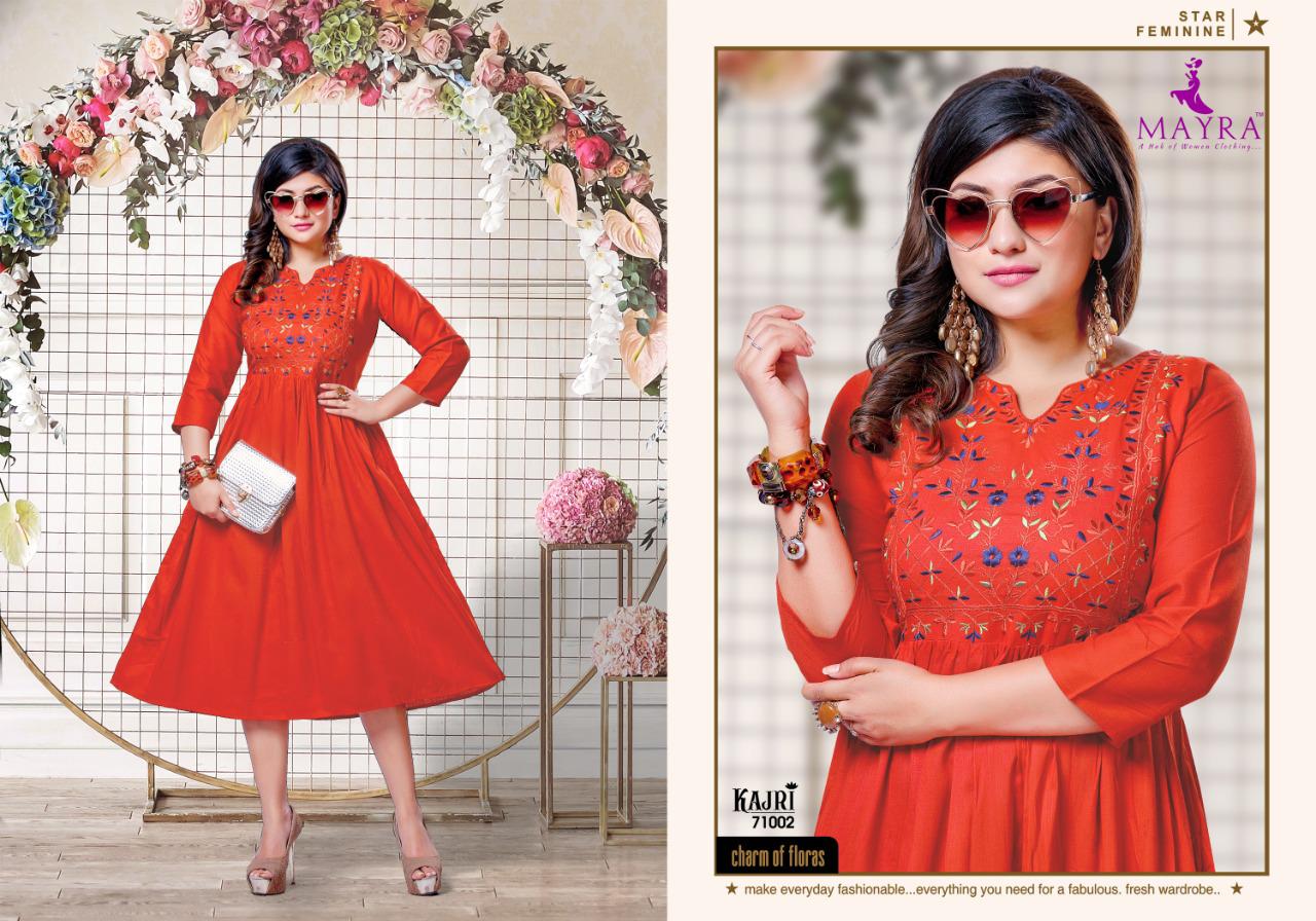 Mayra Kajri Latest Fancy Casual Wear Rayon Embroidery Work Anarkali Kurtis Collection
