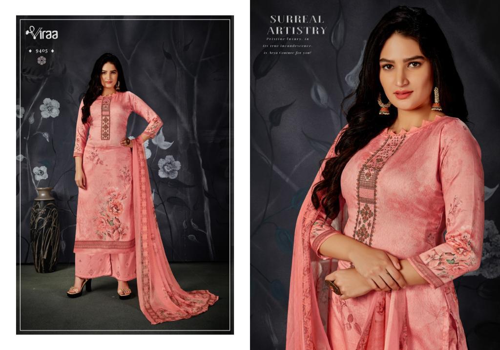Viraa Pehlu Latest Heavy Designer Feastive Wear Jam Digital Printed Embroidery Work Top And Chiffon Dupatta Dress Material Collection
