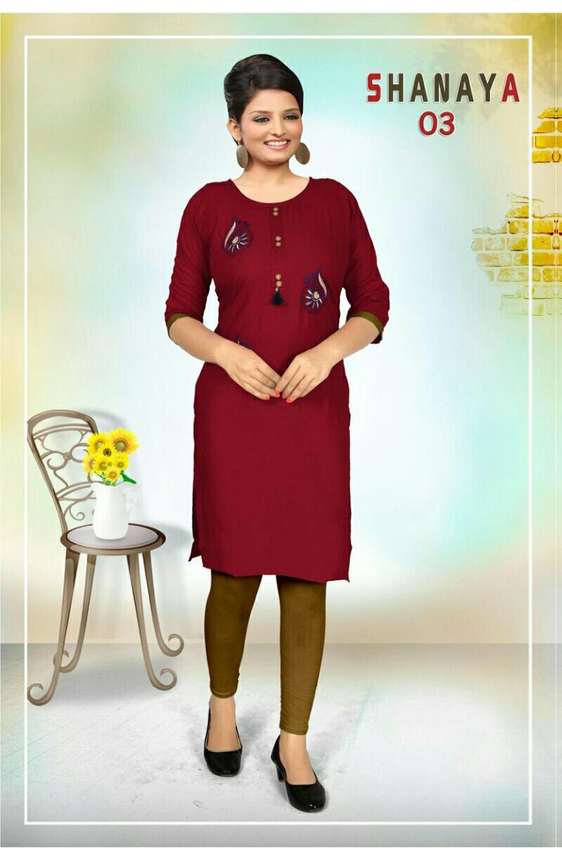 Trendy Shanaya Latest Designer Daily Wear Rayon Embroidery Work Kurtis Collection
