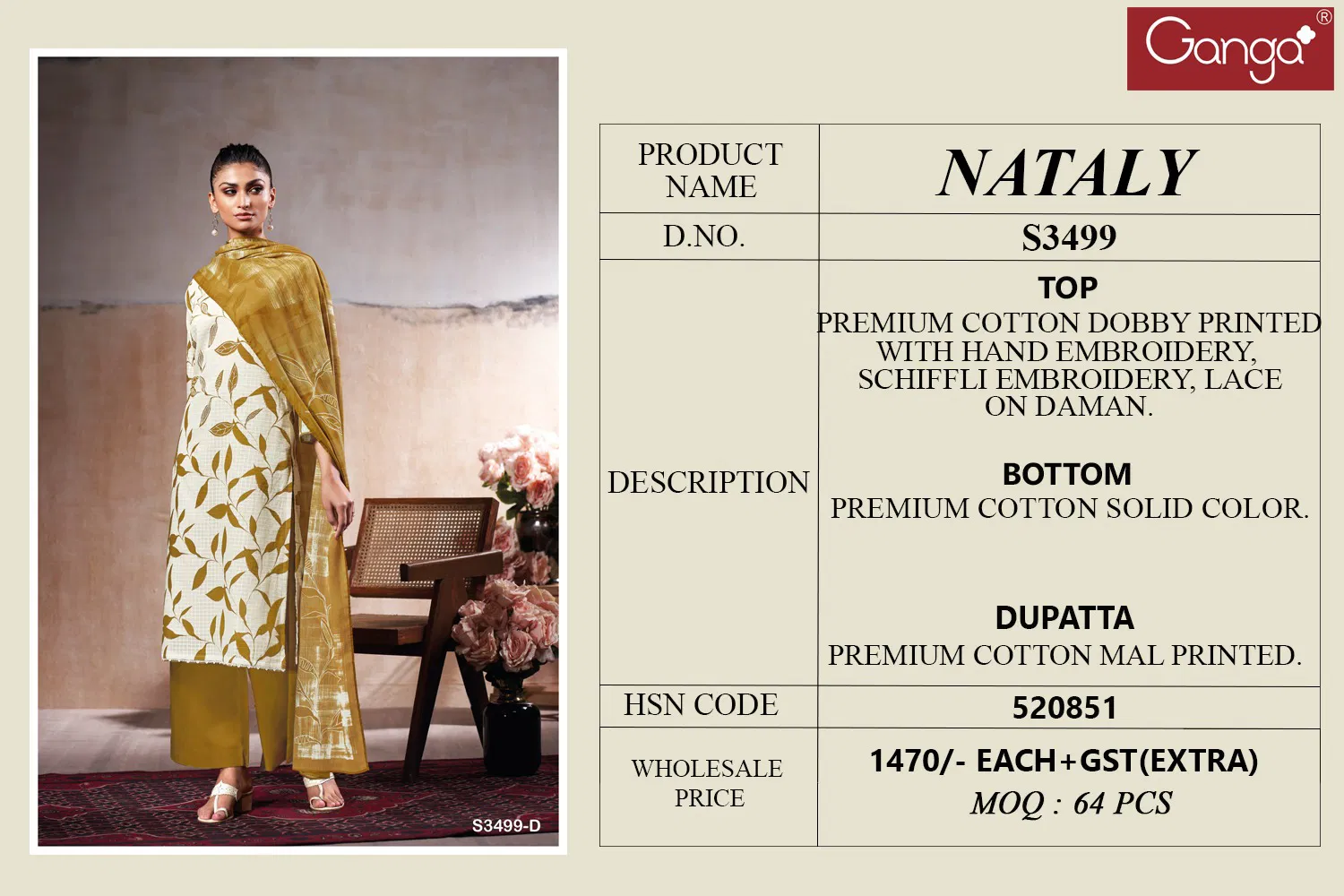 Nataly 3499 By Ganga Cotton Dobby Printed Salwar Suit Wholesale Market 