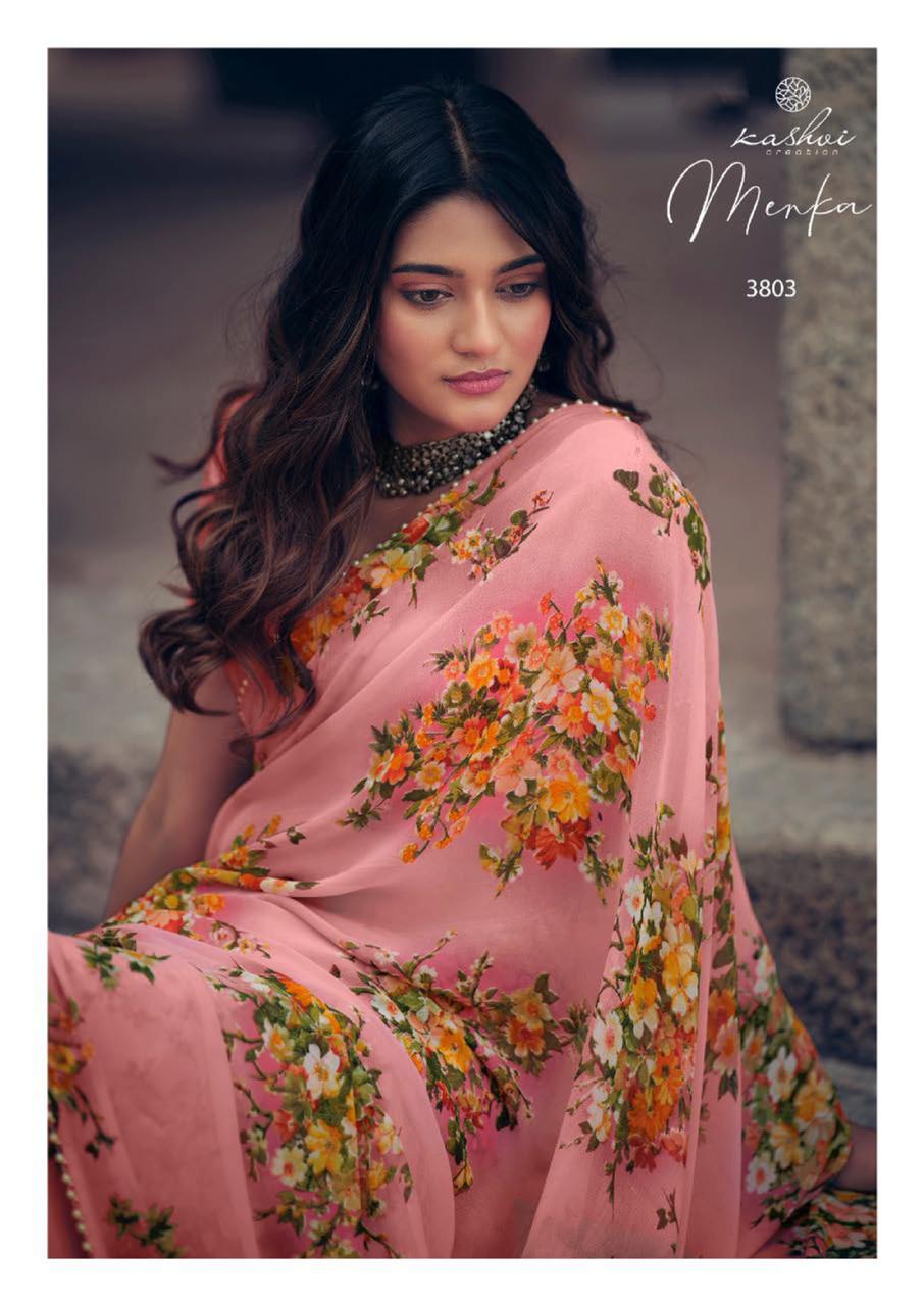 Kashvi Menka Latest Fancy Designer Festive Wear Silk Weightless Floral Chiffon Saree Collection

