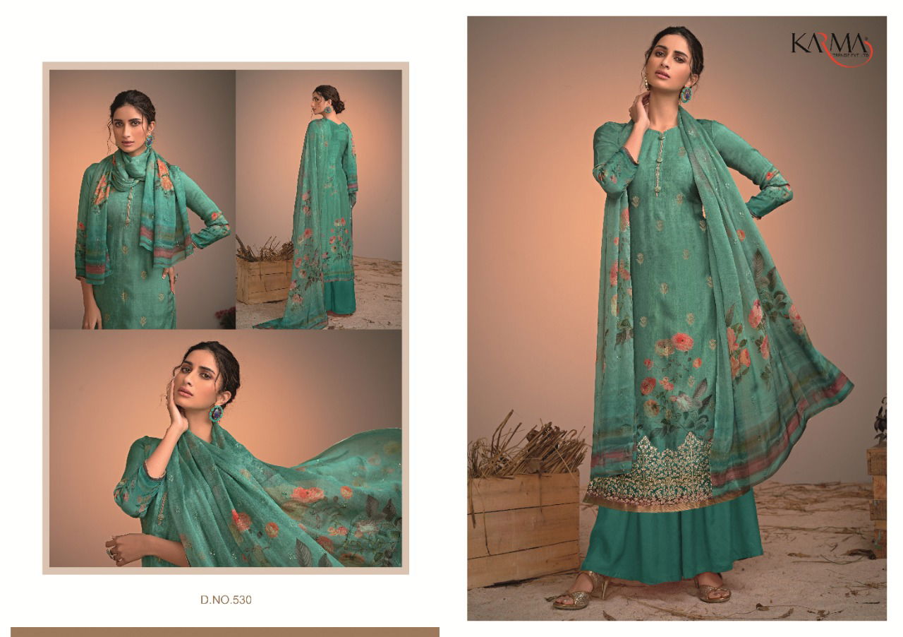 Karma Azaa 529 to 534 Series Pure Silk Jacquard Digital Print Embroidered Work Dress with Dupatta Materials Collection