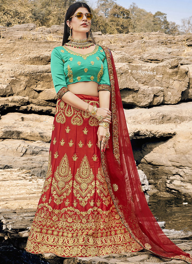 Heavy Designer Bridal Satin Silk With Net Dupatta Embroidery Work Lehenga Choli Collection  