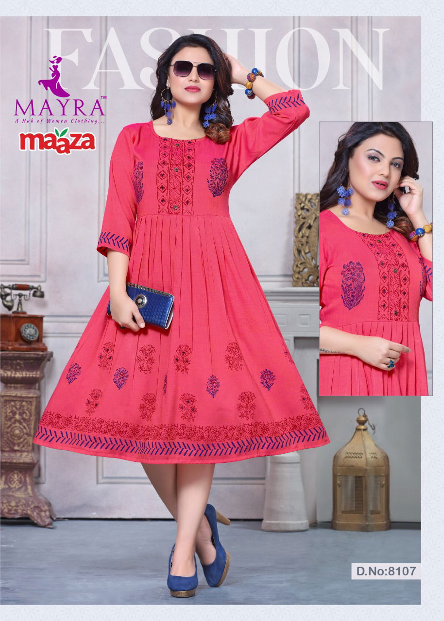 Mayra Maaza Flair Latest Fancy Style Long Casual Wear Anarakali Rayon Designer Kurtis Collection
