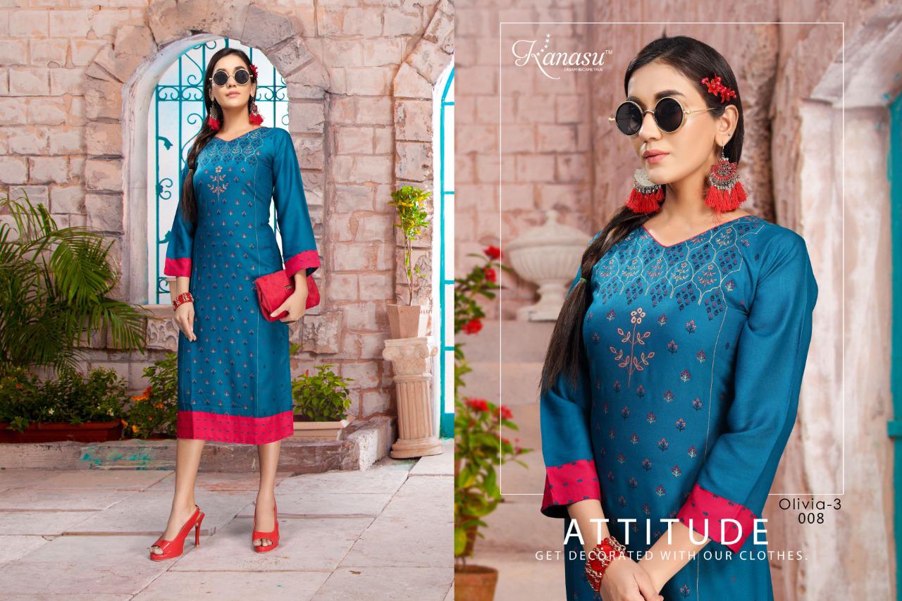 Kanasu Olivia 3 Latest Fancy Designer Heavy Rayon Straight Kurti Collection
