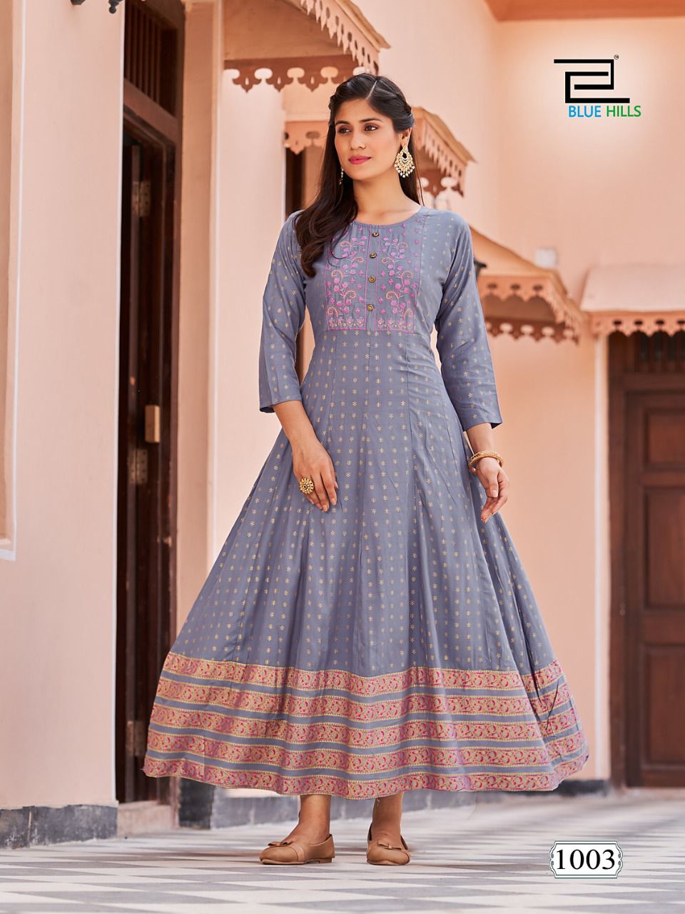 Encounter By Blue Hills Rayon Foil Printed Long Anarkali Kurtis Wholesale Market In Surat
