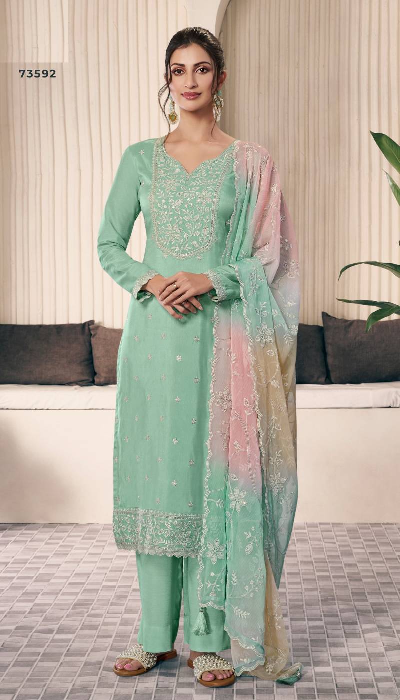 Ombre 73591 To 73594 Silk Embroidered Salwar Suits Wholesale In India