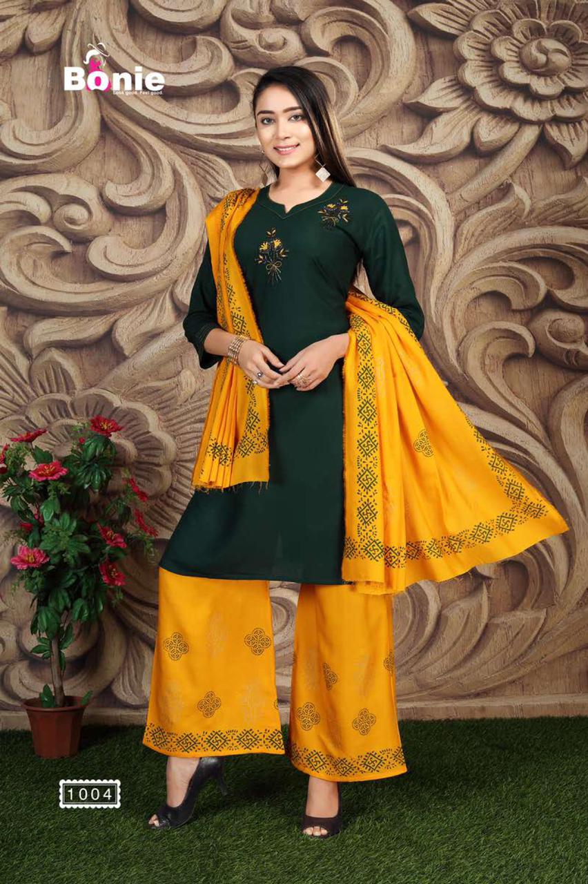 Bonie Jannat 2 Fancy Casual Wear Rayon Designer Kurti With Palazzo With Dupatta Collection
