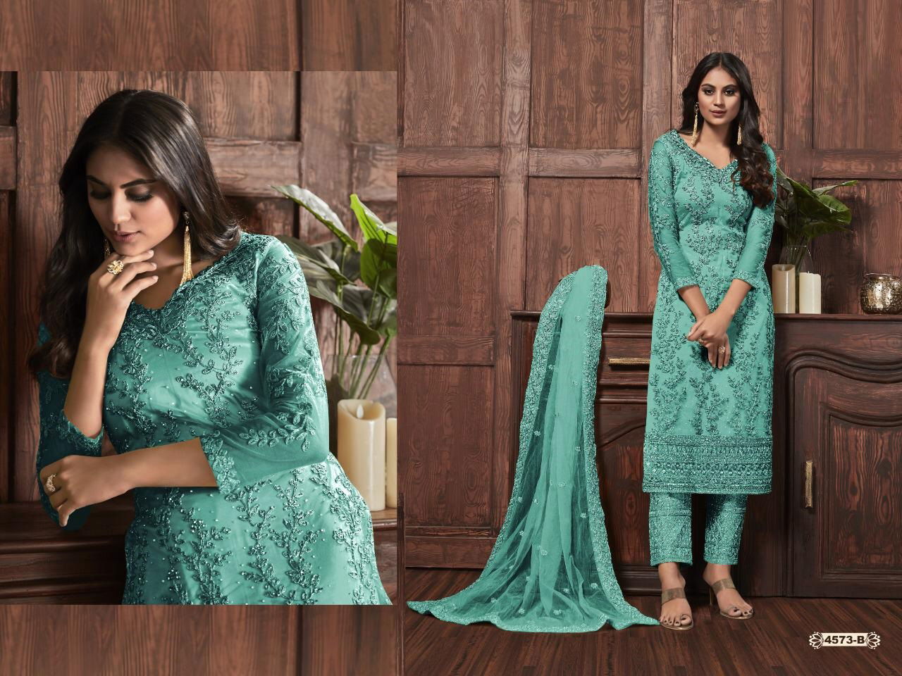Super Hit 4573 Latest Heavy Net With Heavy Embroidery Work And Cording With Glitter Sequences Work Wedding Wear Salwar Kameez Collection