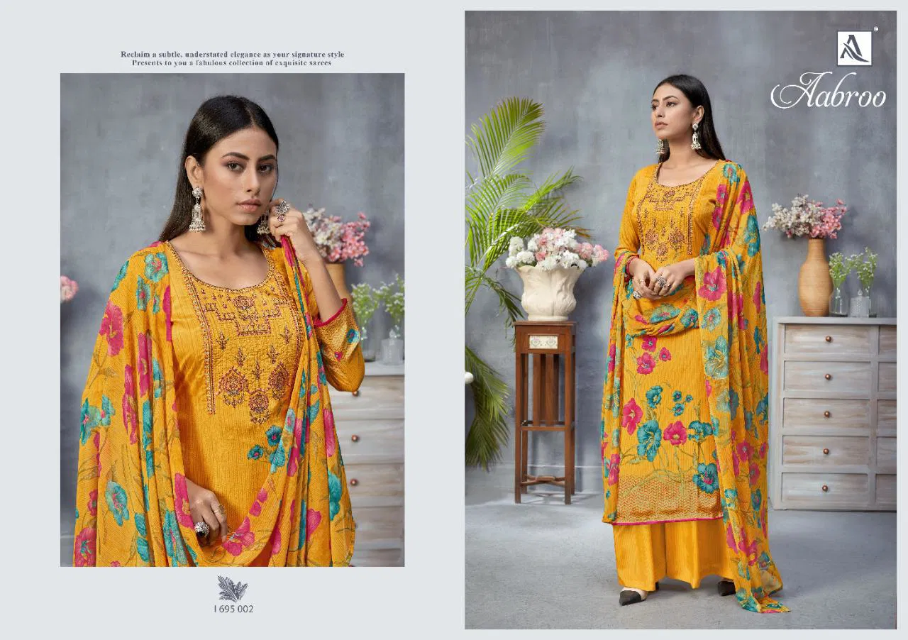 Alok Aabroo Latest Casual Wear Pure French Digital Print with Fancy Thread Embroidery And Swarovski Diamond Work Dress Material Collection
