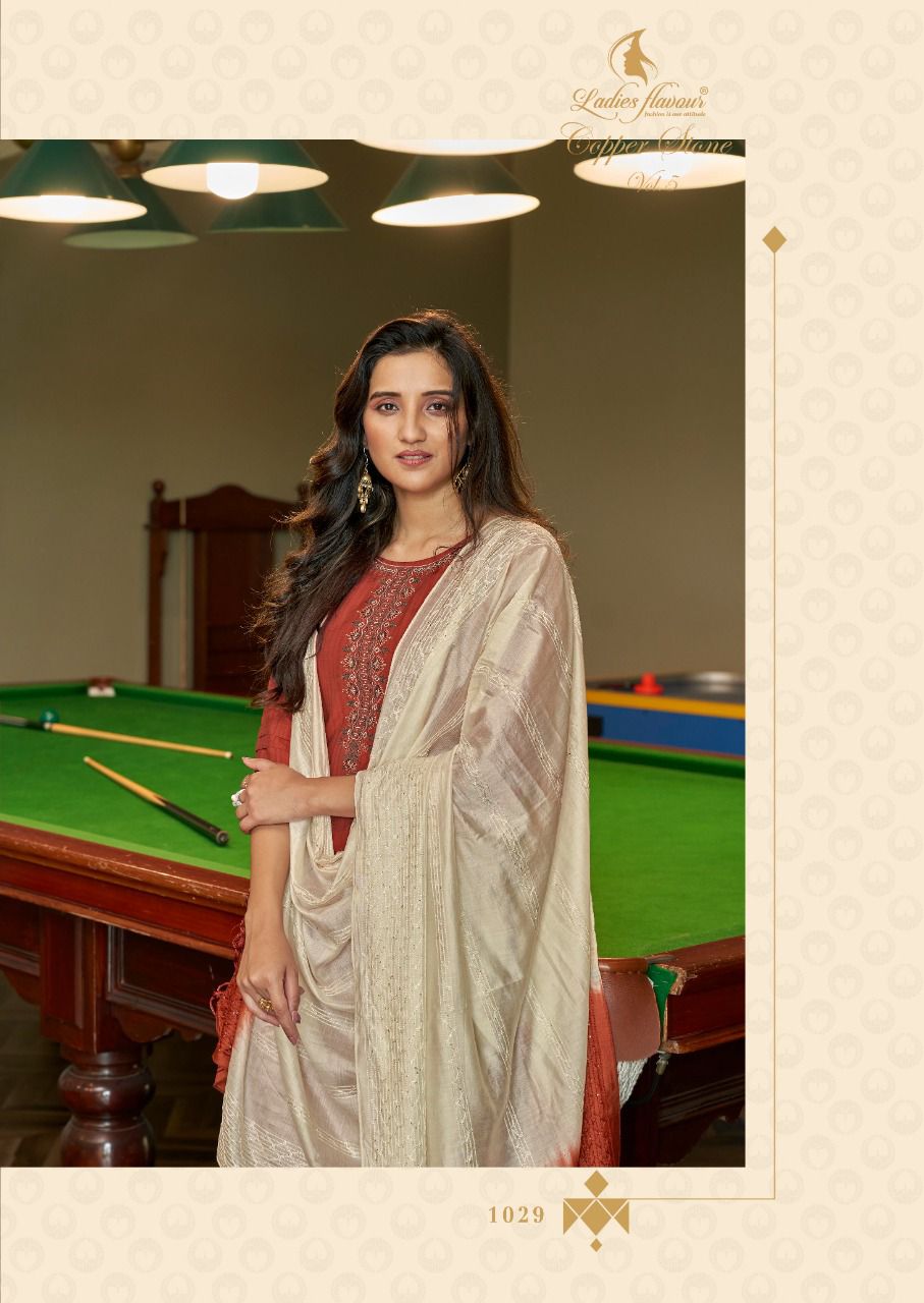 Ladies Flavour Copper Stone 5 Exclusive Designer Viscose With Embroidery With Khatli Work Readymade Collection
