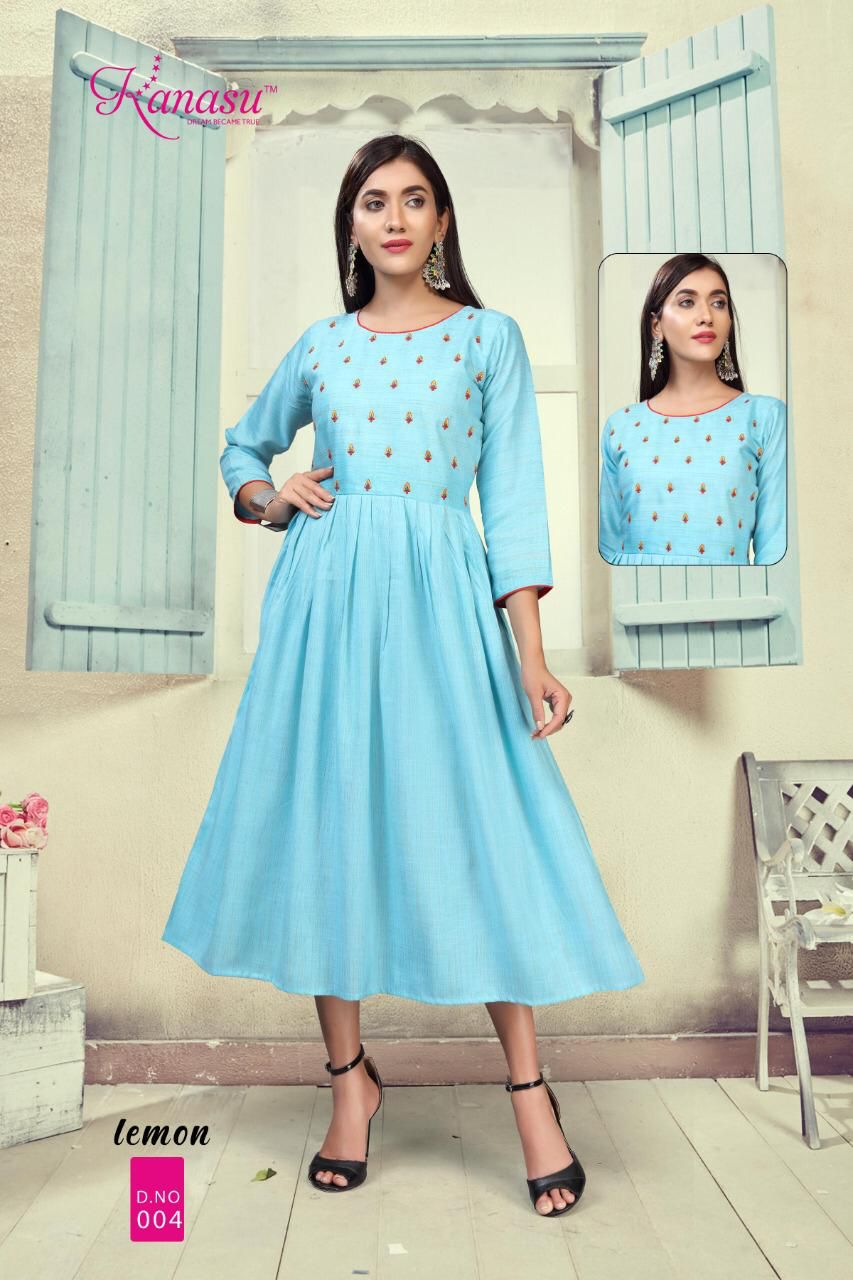 Kanasu Lemon Heavy Rayon Ethnic Wear Anarkali Long Designer Kurtis Collection
