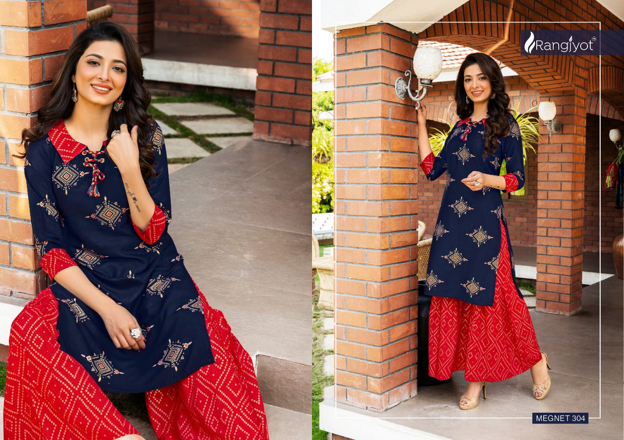 Rangjyot Magnet Vol 3 Latest Party Wear Heavy Rayon Gold Printed Kurti With Bottom Collection
