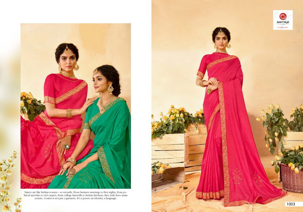 SEEMAYA SIYA Latest fancy Designer party Wear Dola Silk With fancy Border With Swarovski Diamond Work Saree Collection