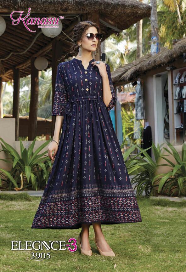 Kanasu Elegance 3 Latest Fancy Designer Heavy Casual Wear Rayon Gold Printed Stylish Kurti Collection
