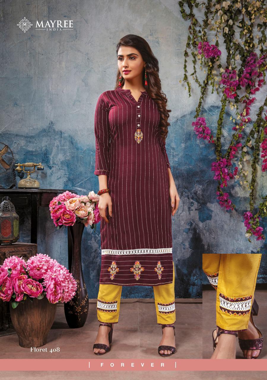 Mayree Floret 4 latest Fancy Designer Rayon Ethnic Wear Printed And Embroidery Worked Kurti With Bottom Collection