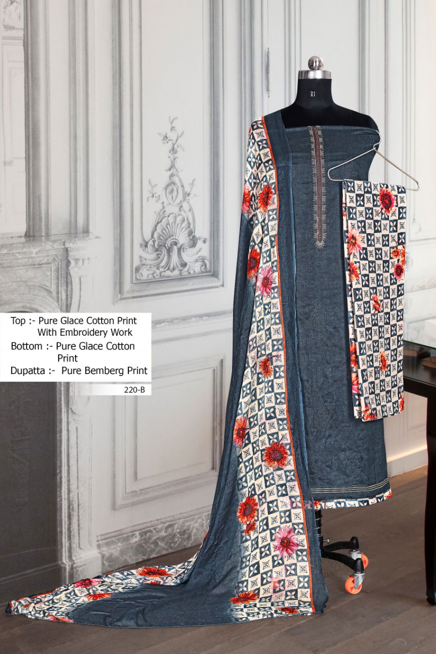 BIPSON 220 COLOURS Latest Designer Casual Daily Wear Cotton Glace Print with Embroidery work Dress Material 
