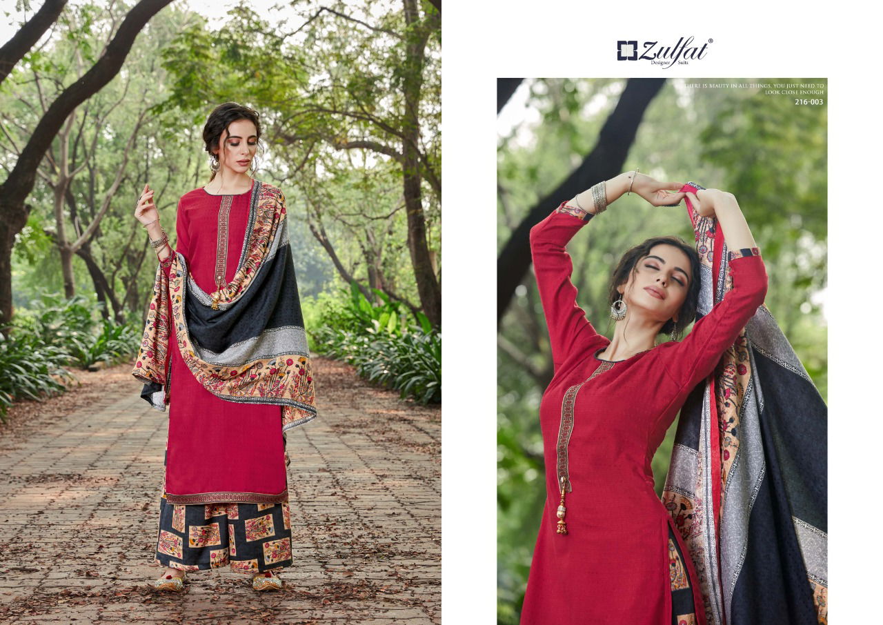 Zulfat Designer Patiala Beats Pashmina Print with Premium Elegantly Stitched Kashmiri Tie and Lace Pkazzo Suit Collection