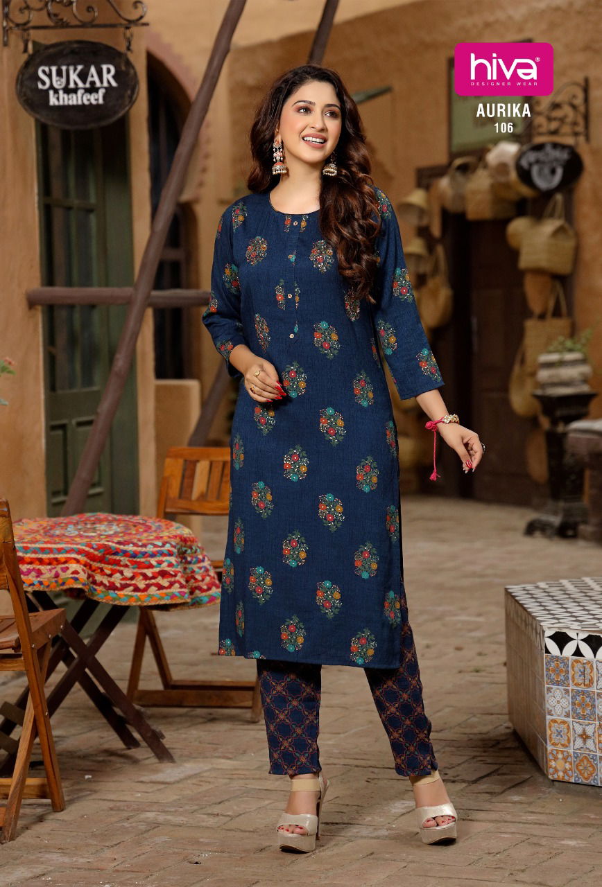 Hiva Aurika Latest Fancy Wear Rayon Designer Kurti With Bottom Collection