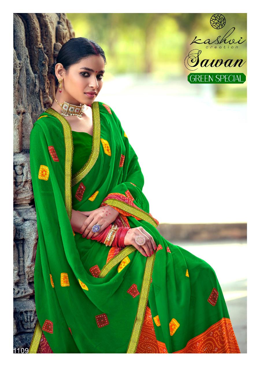 Kashvi Sawan Green Casual Wear Printed Designer Chiffon Saree Collection
