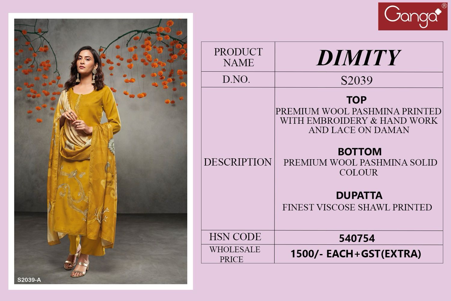 Dimity 2039 By Ganga Pashmina Printed Salwar Kameez Catalog
