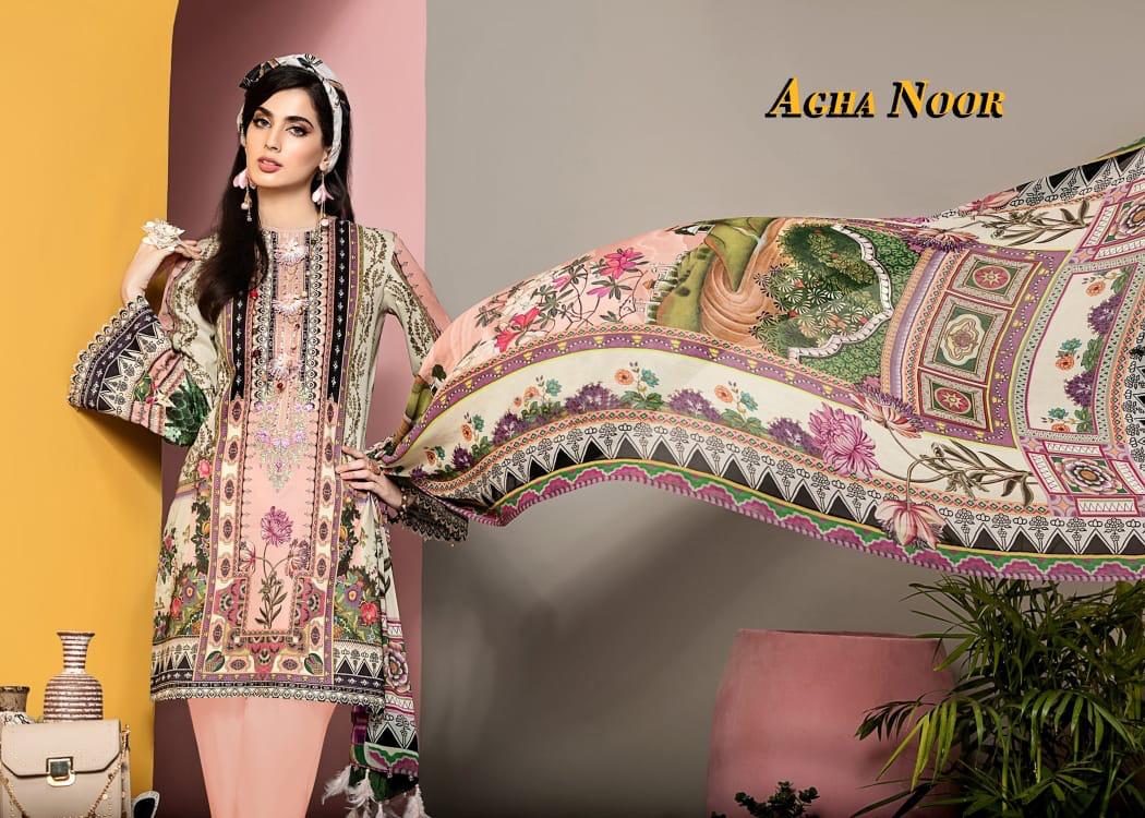 Agha Noor 3 Latest Fancy Festive Wear lawn cotton Top And Bottom With Mal Mal Printed Dupatta Karachi Dress Materials Collection