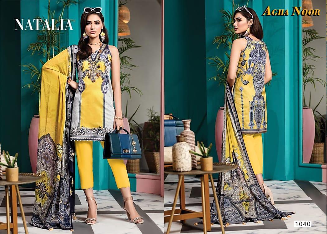 Agha Noor 3 Latest Fancy Festive Wear lawn cotton Top And Bottom With Mal Mal Printed Dupatta Karachi Dress Materials Collection
