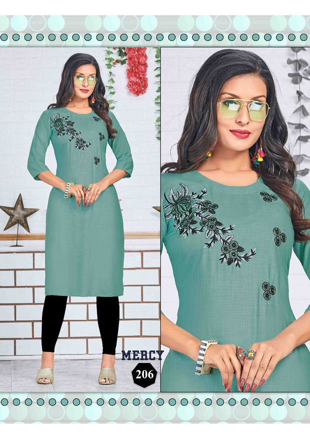 Mercy 2 Latest Designer Fancy Ethnic Wear Embroidery Work Rayon Slub Kurtis Collection
