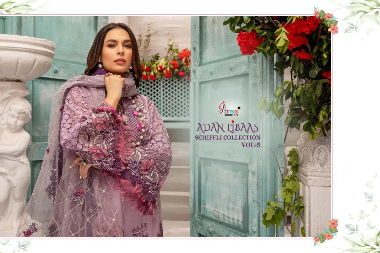 Shree Adan Libaas Schiffli Collection 5 Pure Low Cotton With Self Embroidery Work Pakistani Salwar Suits Collection
