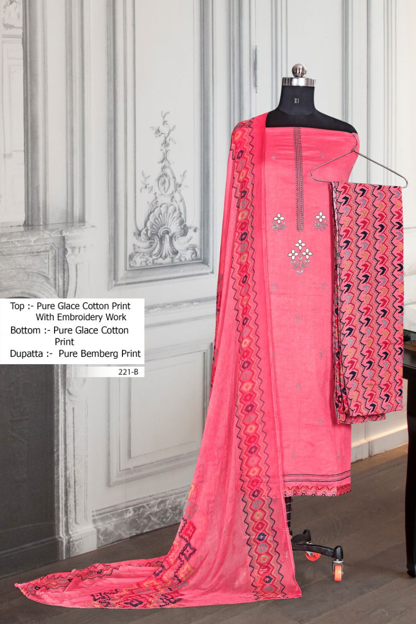 BIPSON 221 COLOURS Ethnic Latest Regular Wear Cotton Glace Print with Embroidery work Top With Pure Bamber chiffon print Dupatta Collection

