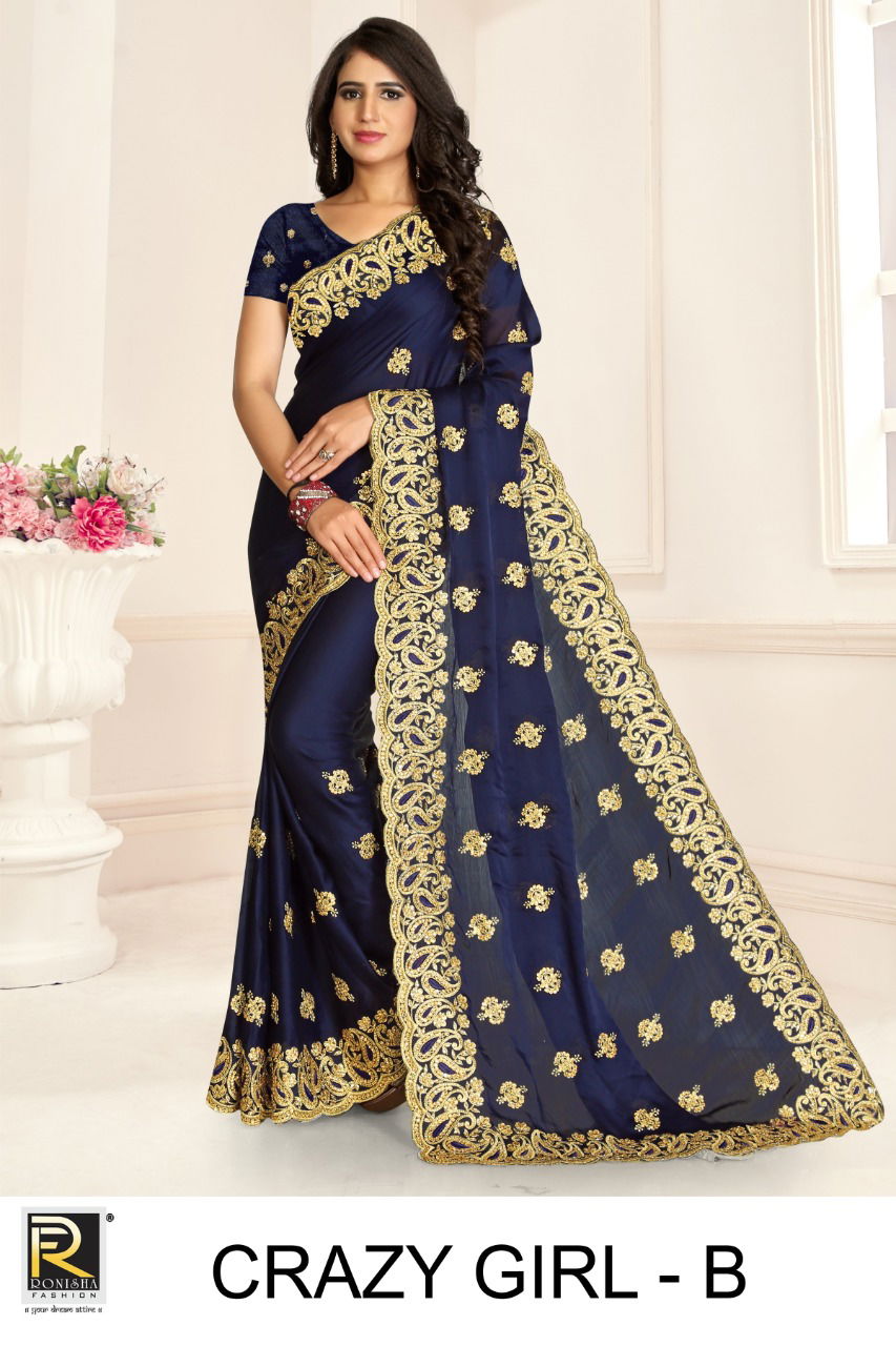 Ronisha Crazy Girl Latest Fancy Designer Festive Wear satin Blooming Embroidery Worked Sarees Collection
