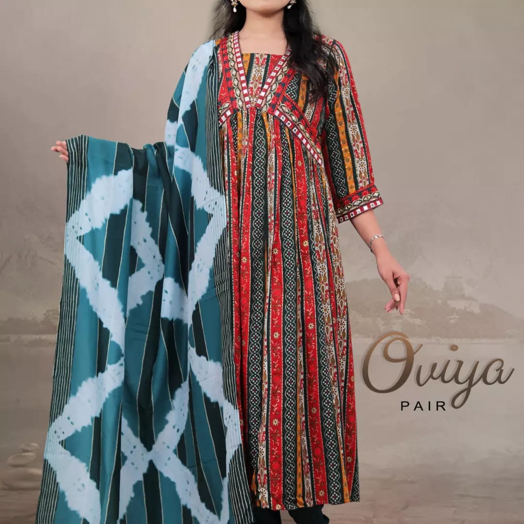 Oviya Fancy Pair Rayon Cotton Print Kurti With Bottom Dupatta Catalog