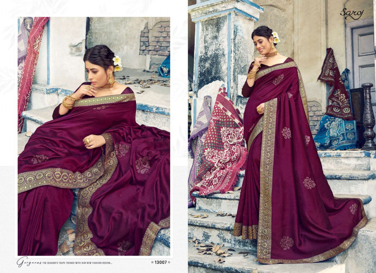 Saroj Tanvi Latest Fancy Festive Wear Designer Vichitra Silk With Beautiful Swarovski Butta And Banarasi Border Saree Collection
