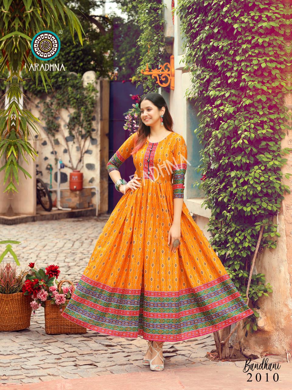 Aradhna Bandhani 2 Heavy Cotton Printed Festive Wear Anarkali Long Kurtis Collection
